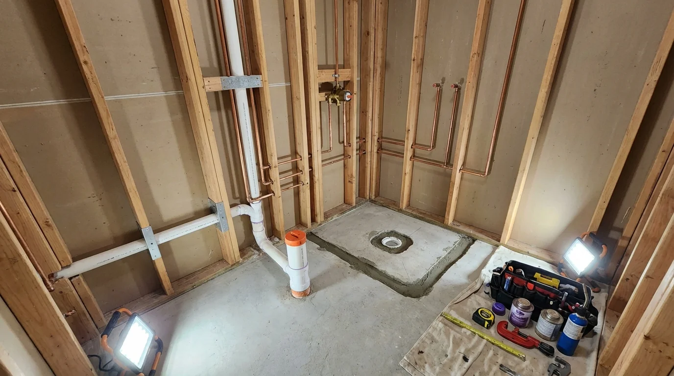 Bathroom rough-in plumbing during remodel by Johns Plumbing LLC in New Baden