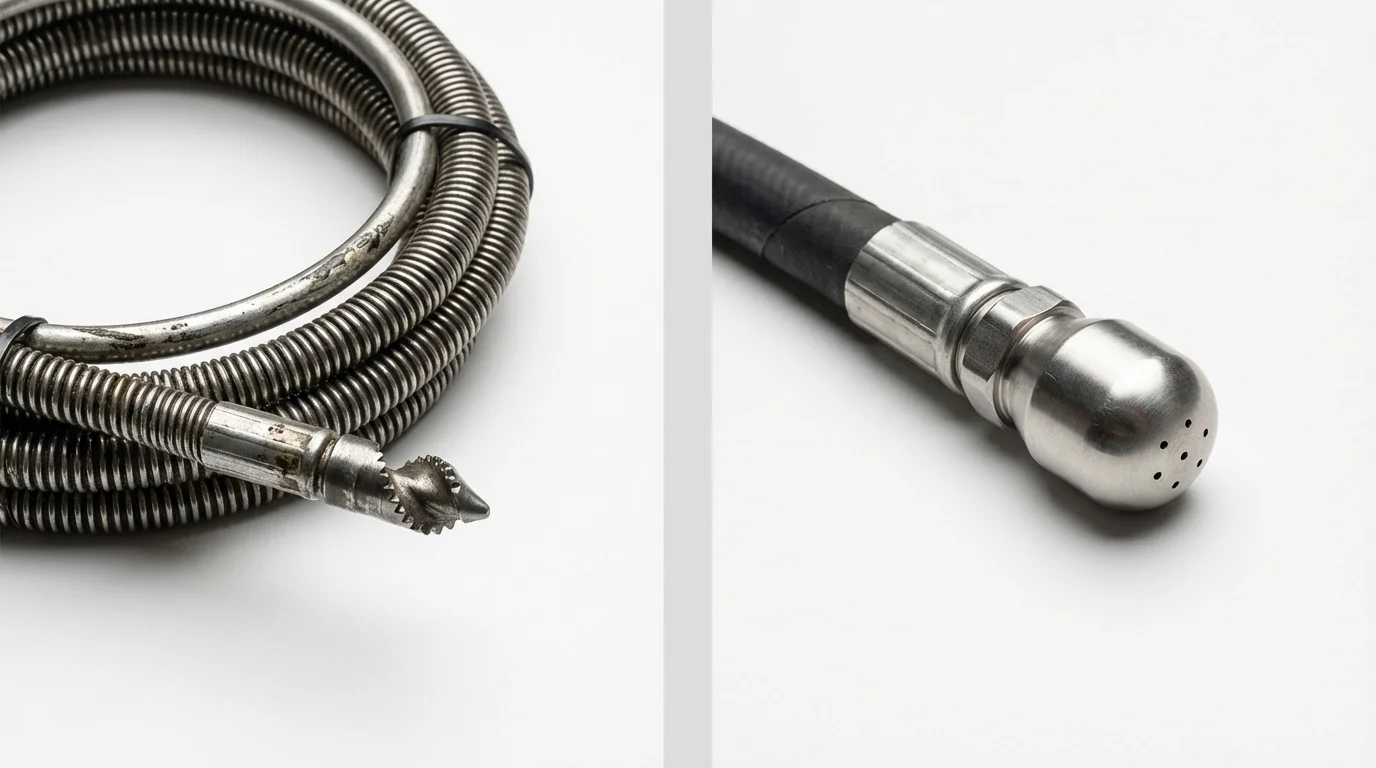 Drain snake cable and hydro jetting nozzle used for drain cleaning in New Baden, IL