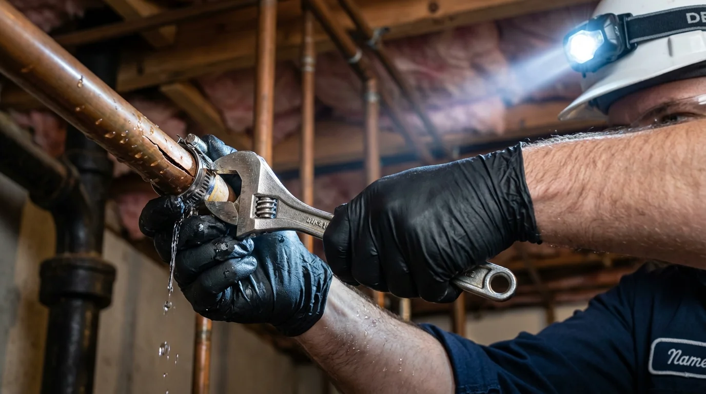 Emergency pipe clamp repair being performed by a Johns Plumbing LLC plumber in New Baden