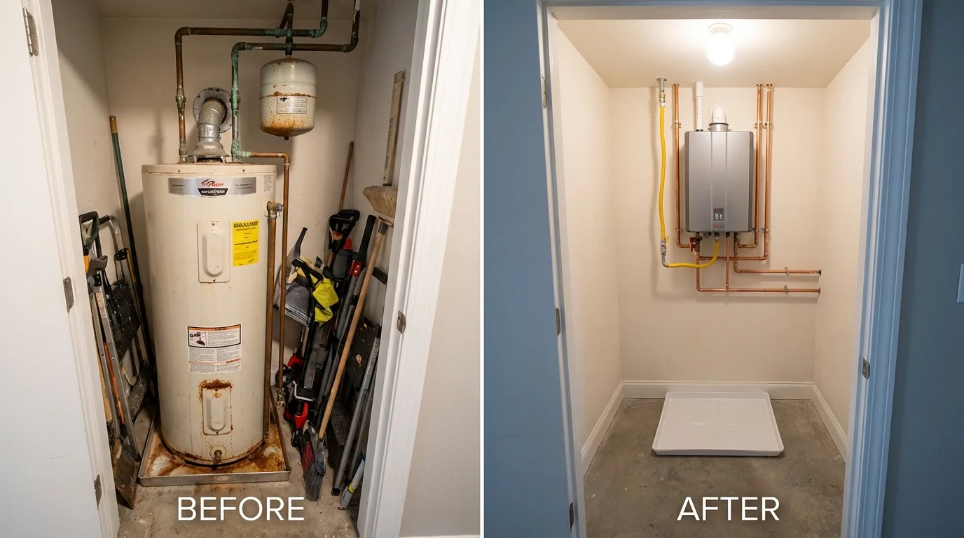 Tank water heater versus wall-mounted tankless unit comparison for New Baden, IL homeowners
