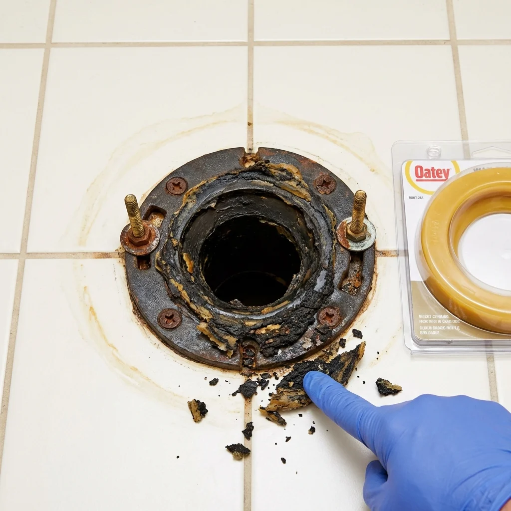 Failed wax ring showing water seepage at the base of a toilet in a New Baden, IL home