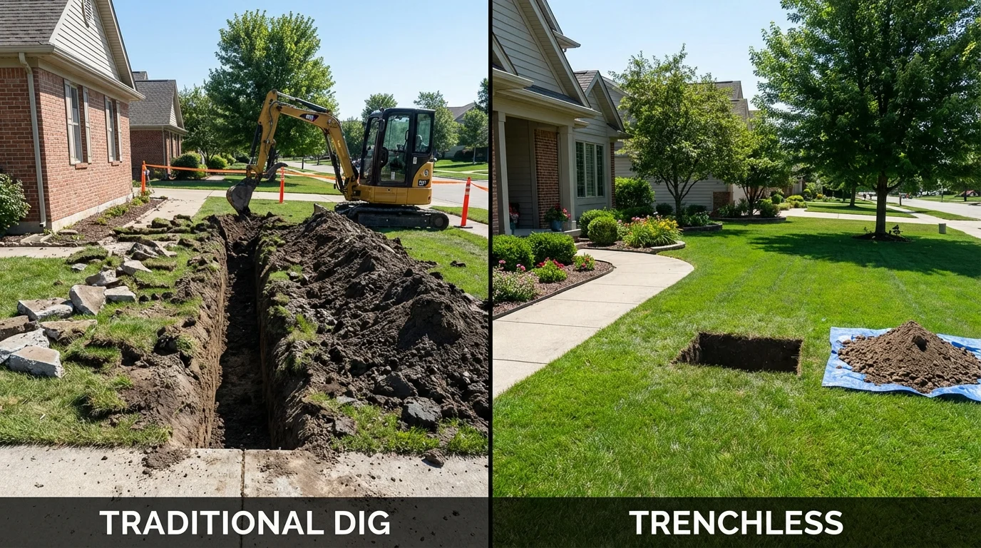Trenchless sewer repair with minimal yard damage versus traditional excavation in New Baden, IL