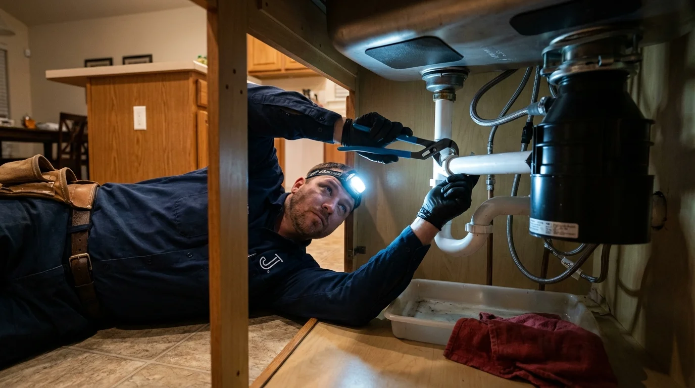 P-trap and supply line connections under a kitchen sink showing a common leak point in New Baden, IL